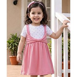 Babyhug 100% Cotton Knit Half Sleeves Polka Dots Printed Frock - Pink