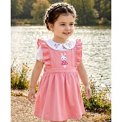 Babyhug 100% Cotton Single Jersey Knit Frock & Half Sleeves Inner Tee With Bunny Embroidery - Pink
