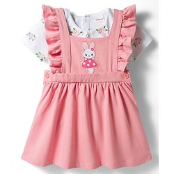 Babyhug 100% Cotton Single Jersey Knit Frock & Half Sleeves Inner Tee With Bunny Embroidery - Pink