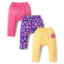 Babyhug Interlock Knit Full Length Diaper Leggings with Floral & Polka Dot Print Pack of 3 - Yellow Pink & Purple