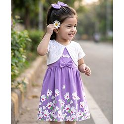 Babyhug Single Jersey Knit Frock & Half Sleeves Shrug With Floral Print - Purple & White