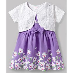 Babyhug Single Jersey Knit Frock & Half Sleeves Shrug With Floral Print - Purple & White