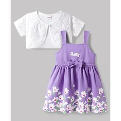 Babyhug Single Jersey Knit Frock & Half Sleeves Shrug With Floral Print - Purple & White