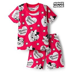 Babyhug Disney 100% Cotton Knit Half Sleeves Co-Ords T-Shirt & Shorts Night Suit With Minnie Mouse Print - Red