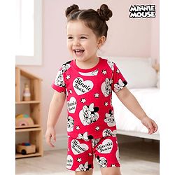 Babyhug Disney 100% Cotton Knit Half Sleeves Co-Ords T-Shirt & Shorts Night Suit With Minnie Mouse Print - Red