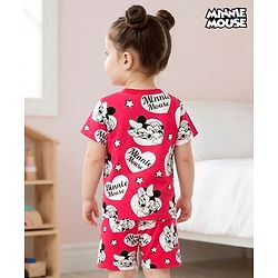 Babyhug Disney 100% Cotton Knit Half Sleeves Co-Ords T-Shirt & Shorts Night Suit With Minnie Mouse Print - Red