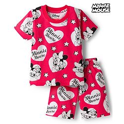 Babyhug Disney 100% Cotton Knit Half Sleeves Co-Ords T-Shirt & Shorts Night Suit With Minnie Mouse Print - Red