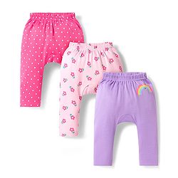 Babyhug Interlock Knit Full Length Diaper Leggings with Floral & Polka Dot Print Pack of 3 - Purple Dark & Light Pink