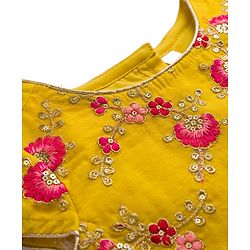 Babyhug Woven Half Sleeves Net Embroidered Lehenga Choli Set With Dupatta - Fuchsia & Yellow