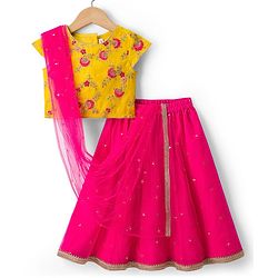 Babyhug Woven Half Sleeves Net Embroidered Lehenga Choli Set With Dupatta - Fuchsia & Yellow