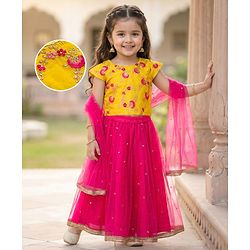 Babyhug Woven Half Sleeves Net Embroidered Lehenga Choli Set With Dupatta - Fuchsia & Yellow