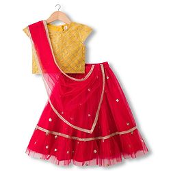 Babyhug Woven Half Sleeves Choli Lehenga Set with Dupatta & Sequin Detailing - Red & Yellow
