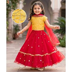 Babyhug Woven Half Sleeves Choli Lehenga Set with Dupatta & Sequin Detailing - Red & Yellow
