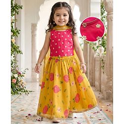 Babyhug Woven Sleeveless Chanderi Printed Lehenga Choli Set With Floral Embroidery & Dupatta - Yellow