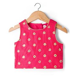 Babyhug Woven Sleeveless Chanderi Printed Lehenga Choli Set With Floral Embroidery & Dupatta - Yellow