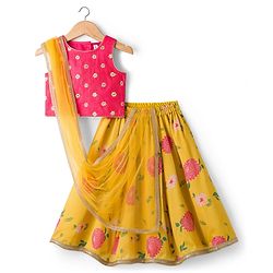 Babyhug Woven Sleeveless Chanderi Printed Lehenga Choli Set With Floral Embroidery & Dupatta - Yellow
