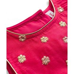 Babyhug Woven Sleeveless Chanderi Printed Lehenga Choli Set With Floral Embroidery & Dupatta - Yellow
