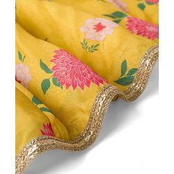 Babyhug Woven Sleeveless Chanderi Printed Lehenga Choli Set With Floral Embroidery & Dupatta - Yellow