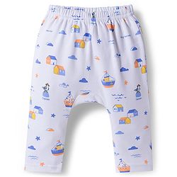 Babyhug Cotton Knit Full Length Diaper Pants With Nautical Theme Print Pack Of 3 - Blue White & Orange