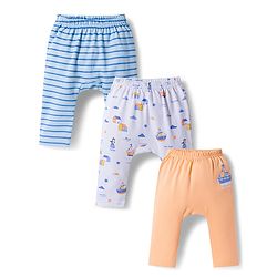 Babyhug Cotton Knit Full Length Diaper Pants With Nautical Theme Print Pack Of 3 - Blue White & Orange