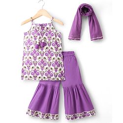 Babyhug Cotton Woven Sleeveless Cambric Printed Kurta & Gharara Set with Dupatta - Purple