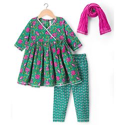 Babyhug 100% Cotton Cambric Woven Three Forth Sleeves Floral Printed Kurta & Pant Set With Dupatta - Green