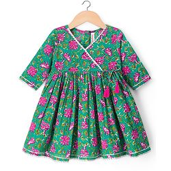 Babyhug 100% Cotton Cambric Woven Three Forth Sleeves Floral Printed Kurta & Pant Set With Dupatta - Green