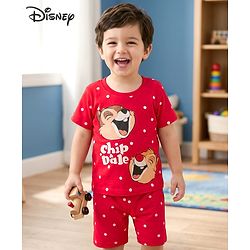 Babyhug Disney Single Jersey Knit Half Sleeves Shorts Night Suit With Chip N Dale Graphics - Red