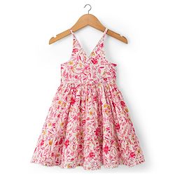 Babyhug Cambric Woven Sleeveless Floral Printed Ethnic Dress with Lace Detailing - Pink
