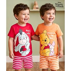 Babyhug Disney Single Jersey Knit Half Sleeves T-Shirts & Shorts Night Suit with Winnie & Friends Graphics Pack of 2 - Red & Orange
