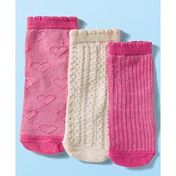 Cute Walk By Babyhug Knit Ankle Length Antibacterial Socks with Cable Knit & Heart Design Pack of 3 - Pink & White