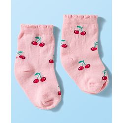 Cute Walk By Babyhug Knit Ankle Length Antibacterial Socks with Cherry Design Pack of 3 - Maroon Pink & White
