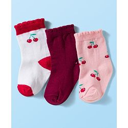 Cute Walk By Babyhug Knit Ankle Length Antibacterial Socks with Cherry Design Pack of 3 - Maroon Pink & White