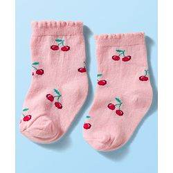 Cute Walk By Babyhug Knit Ankle Length Antibacterial Socks with Cherry Design Pack of 3 - Maroon Pink & White