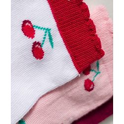 Cute Walk By Babyhug Knit Ankle Length Antibacterial Socks with Cherry Design Pack of 3 - Maroon Pink & White