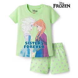 Babyhug Disney Single Jersey Knit Half Sleeves Short Night Suit With Disney Princess Else & Anna Graphics - Lime Green