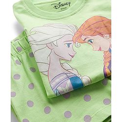 Babyhug Disney Single Jersey Knit Half Sleeves Short Night Suit With Disney Princess Else & Anna Graphics - Lime Green