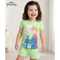 Babyhug Disney Single Jersey Knit Half Sleeves Short Night Suit With Disney Princess Else & Anna Graphics - Lime Green