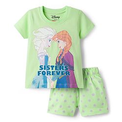 Babyhug Disney Single Jersey Knit Half Sleeves Short Night Suit With Disney Princess Else & Anna Graphics - Lime Green