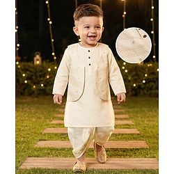 Babyhug 100% Cotton Flex Woven Full Sleeves Solid Dhoti Kurta Set With Embroidered Koti -Beige