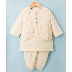 Babyhug 100% Cotton Flex Woven Full Sleeves Solid Dhoti Kurta Set With Embroidered Koti -Beige