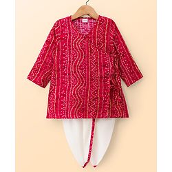 Babyhug Cambric Cotton Woven Full Sleeves Kurta Dhoti Set with Bandhani Print - Fuchsia & White