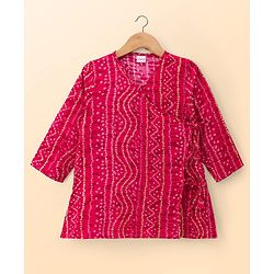 Babyhug Cambric Cotton Woven Full Sleeves Kurta Dhoti Set with Bandhani Print - Fuchsia & White