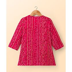 Babyhug Cambric Cotton Woven Full Sleeves Kurta Dhoti Set with Bandhani Print - Fuchsia & White
