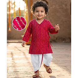 Babyhug Cambric Cotton Woven Full Sleeves Kurta Dhoti Set with Bandhani Print - Fuchsia & White