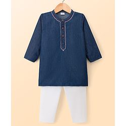 Babyhug 100% Cotton Woven Full Length Embroidered Kurta & Pyjama Set - Navy Blue