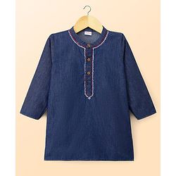 Babyhug 100% Cotton Woven Full Length Embroidered Kurta & Pyjama Set - Navy Blue