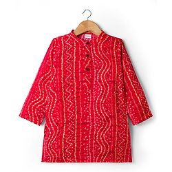 Babyhug Cambric Woven Full Sleeves Kurta Dhoti Set With Bandhani Print - Red
