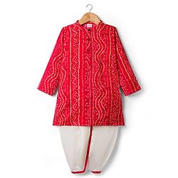 Babyhug Cambric Woven Full Sleeves Kurta Dhoti Set With Bandhani Print - Red