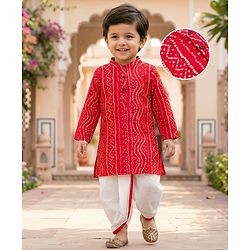 Babyhug Cambric Woven Full Sleeves Kurta Dhoti Set With Bandhani Print - Red